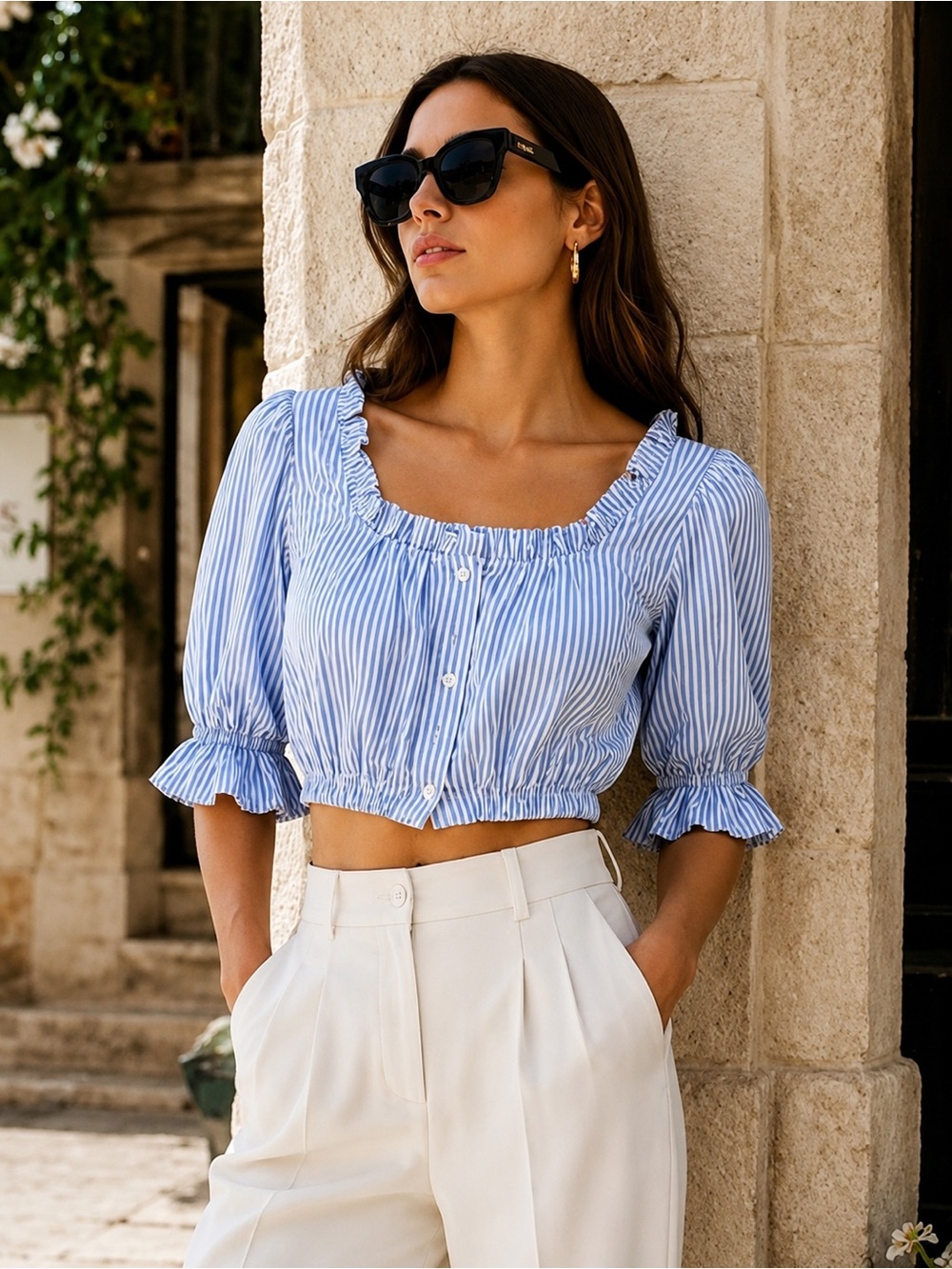 Toit Volant NWT Alex Puff Sleeve Crop Blouse in Blue White Stripe, XS/S, M/L